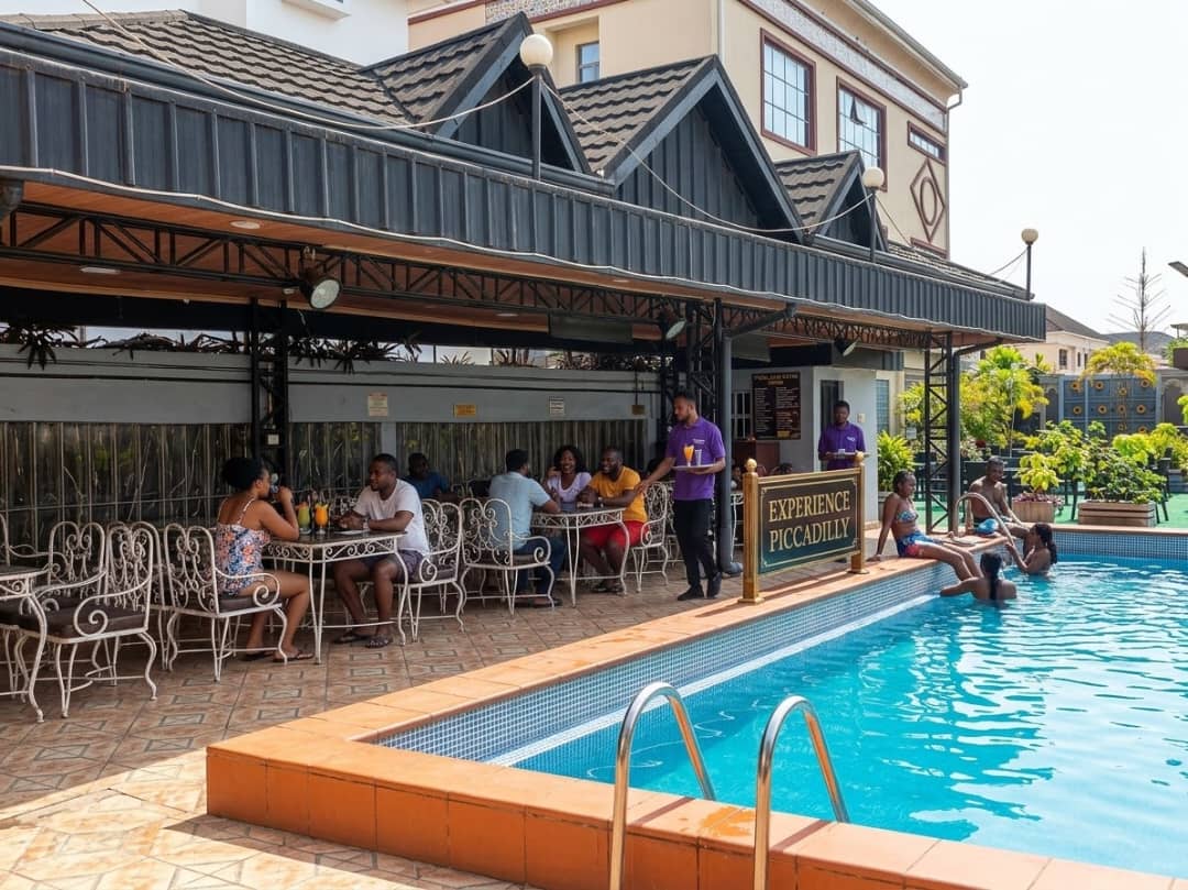 Guests dining and swimming at the Piccadilly pool